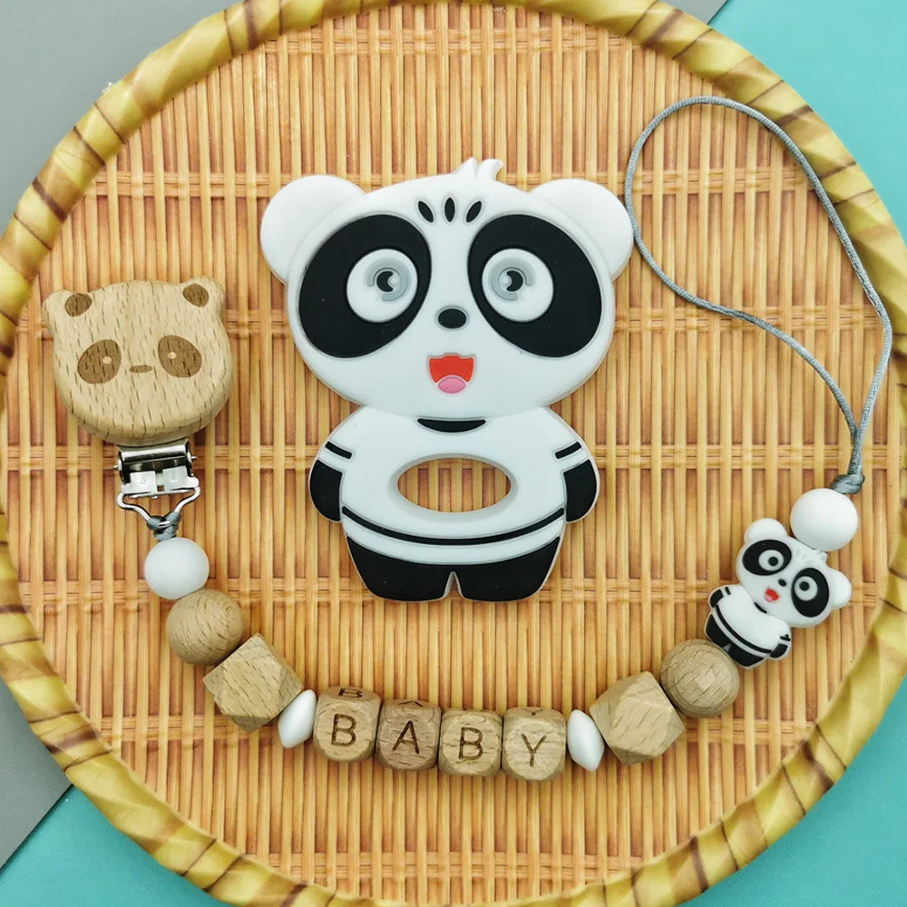 

Customizable Beech English Letter Name Baby Silicone Panda Pacifier Clips Chains Teether Pendants Baby Pacifier Kawaii Teether