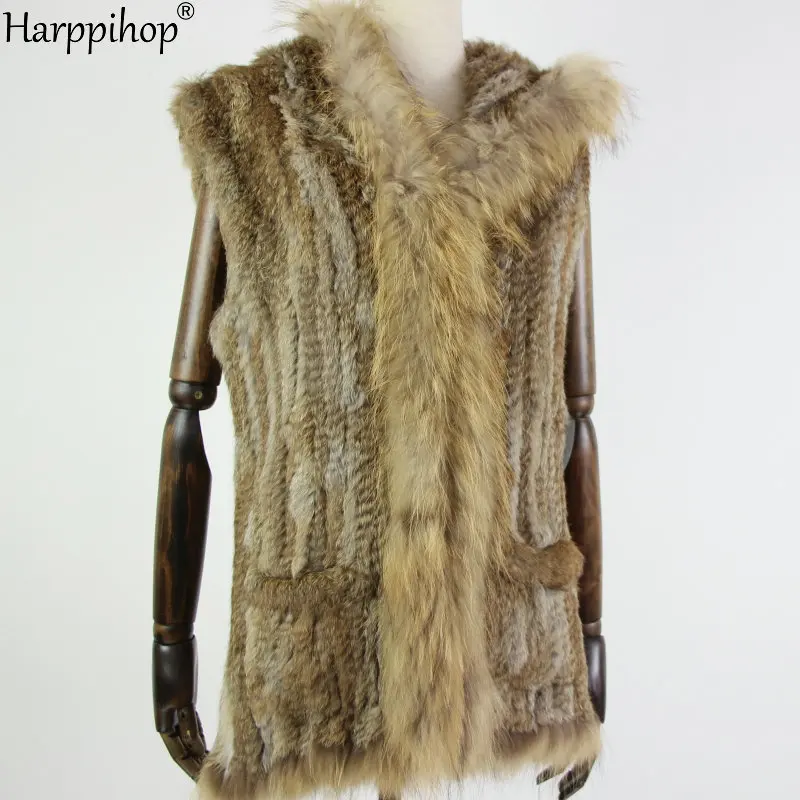 Harppihop fur New natural Fur Vest Genuine Rabbit Fur Knitted Gilet with fur Hooded Long Coat Jackets with pocket Women Winter