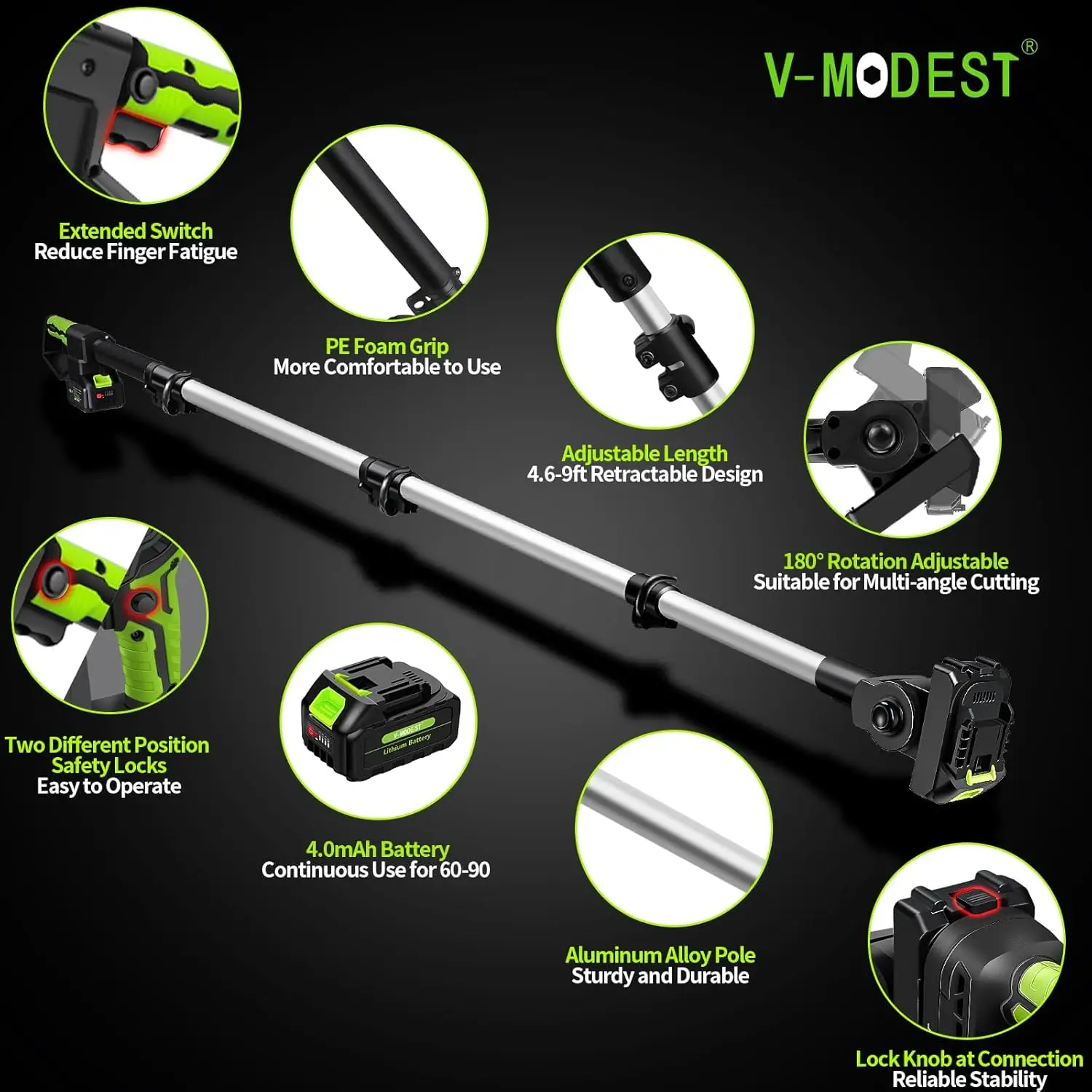 Serra de poste sem fio 2 em 1, 8 polegadas e 6 polegadas, 2*4.0Ah, serras de poste alimentadas por bateria para aparar árvores, pol rotativo elétrico sem escova