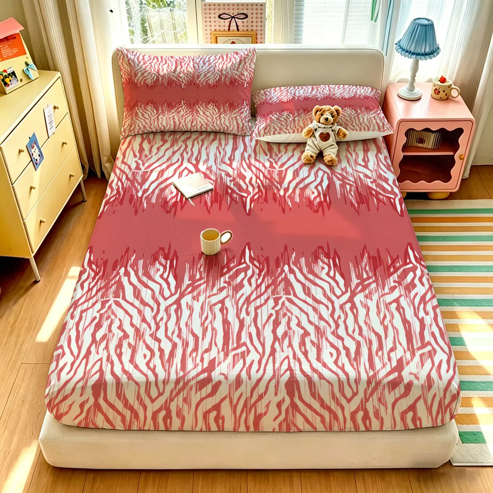 3pcs Pink Zebra Stripes Printed Coreless Bed Sheet Summer Set Multi Size Comfortable Bedding Decoration Machine Washable