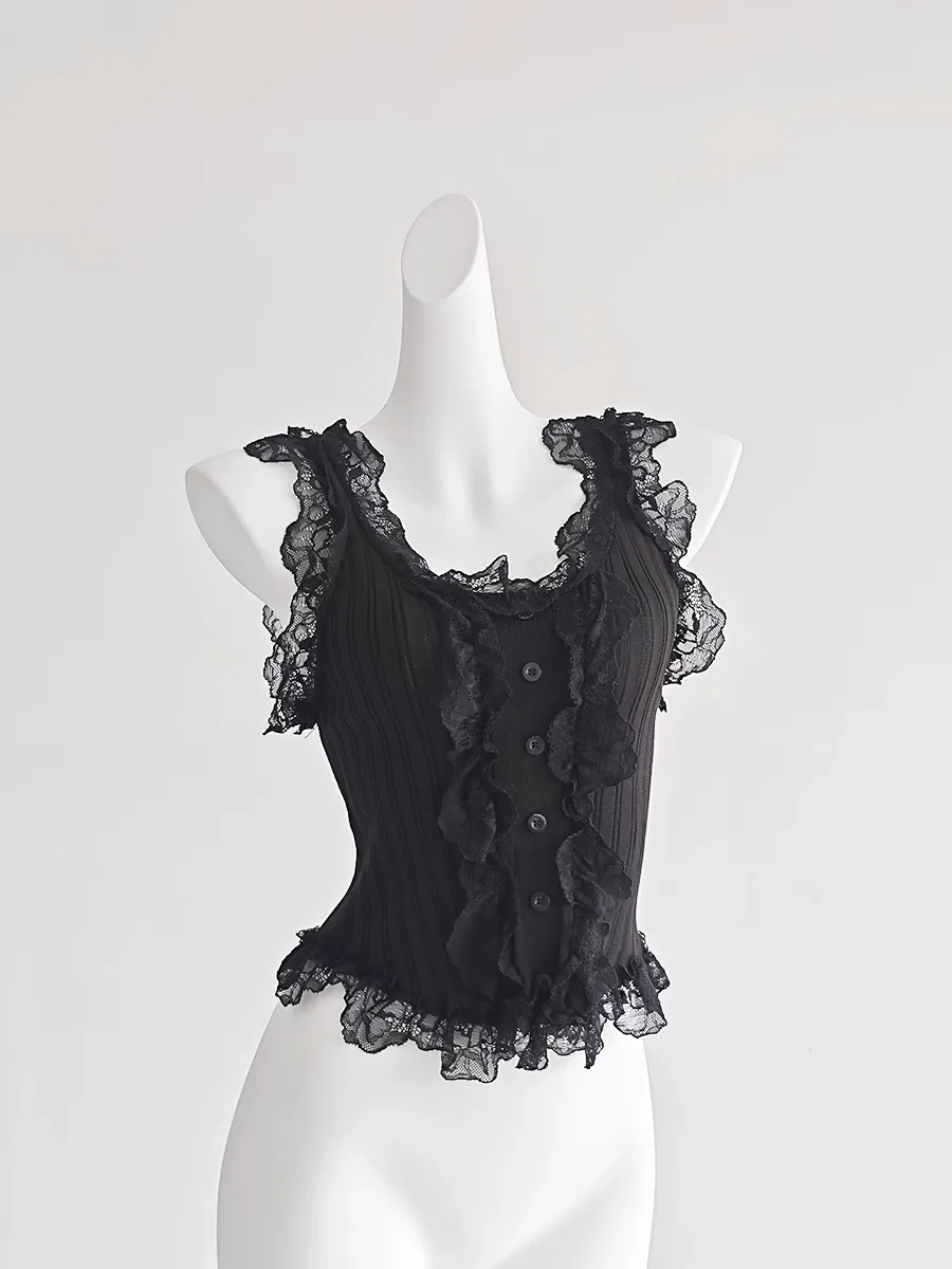 Sexy Lace Trim Bla Strap Vest ort Svel Fitted Summer Top for Women Commute Sle Chinese Production Thin Material