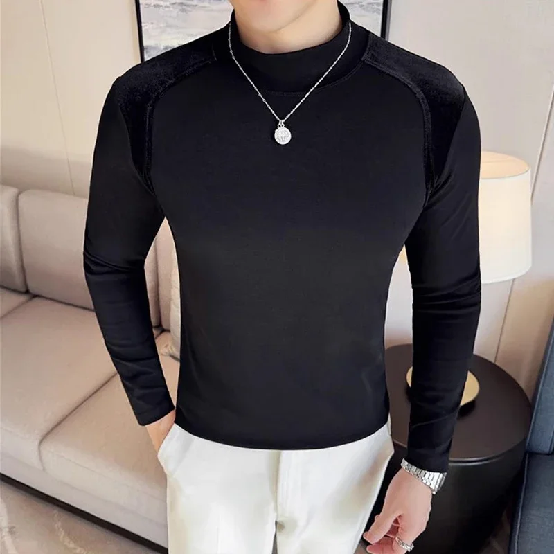 Autumn Stretch Cotton Mens Long Sleeve T-Shirt Fashion Patchwork Slim Fit Men Tee Tops Fitness GYM Sports Tight Men's Clothing