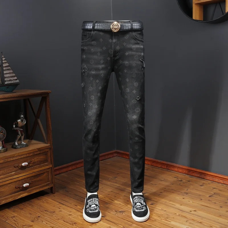 

High-End Men's Star Flower Pattern Printed Jeans Fashionable Youth Casual Cotton Stretch Denim mid Waist Zipper Closure Wear ...