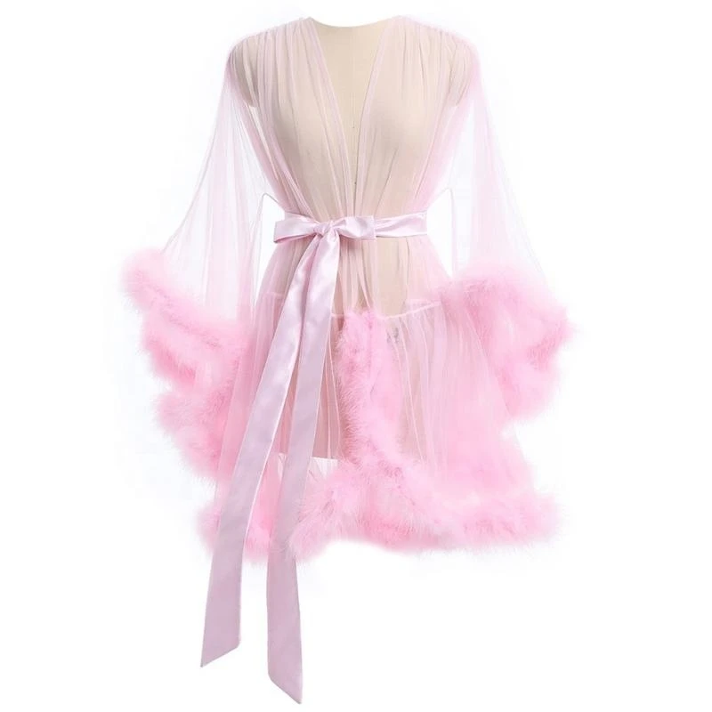 

Q22D Роскошное женское прозрачное сетчатое кимоно, халат с меховой отделкой, сорочка с длинными рукавами, прозрачное нижнее для