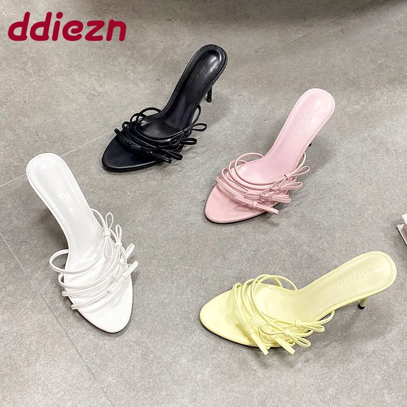 

2025/Новая модная женская обувь на высоком каблуке с узлом-бабочкой, роскошная женская обувь без шнуровки, женские туфли-лодочки на каблуке с круглым носком, шлепанцы