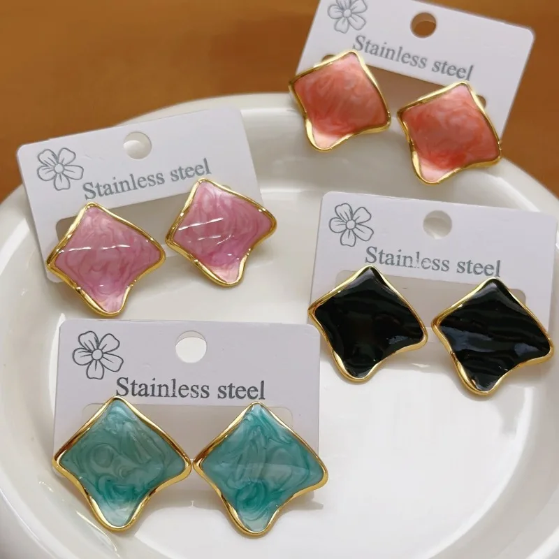New Trendy Gold Color Stainless Steel Colored Resin Drops Irregular Square Stud Earrings for Women Jewelry Accessories Colorfast