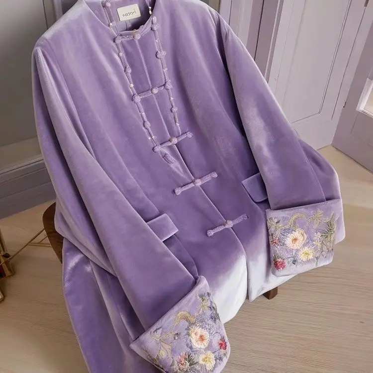 

New Chinese Style Dopamine Purple Velvet Jacket Women High-End Embroidery Coat Retro Buckle Outwear Autumn Winter