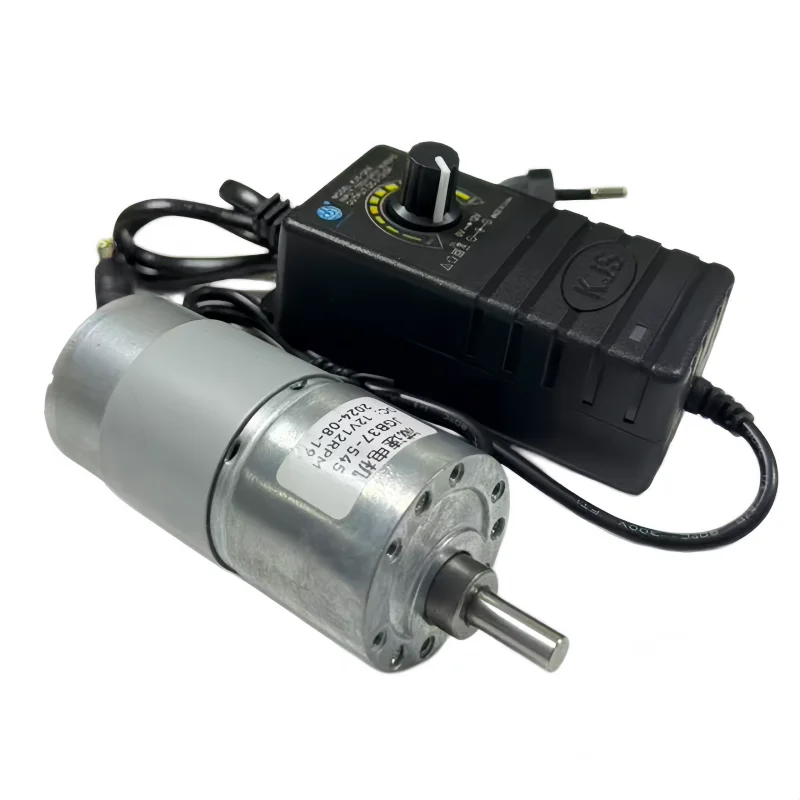 Equipped with power supply JGB37-545, this DC reducer motor operates at 12V or 24V with low noise.