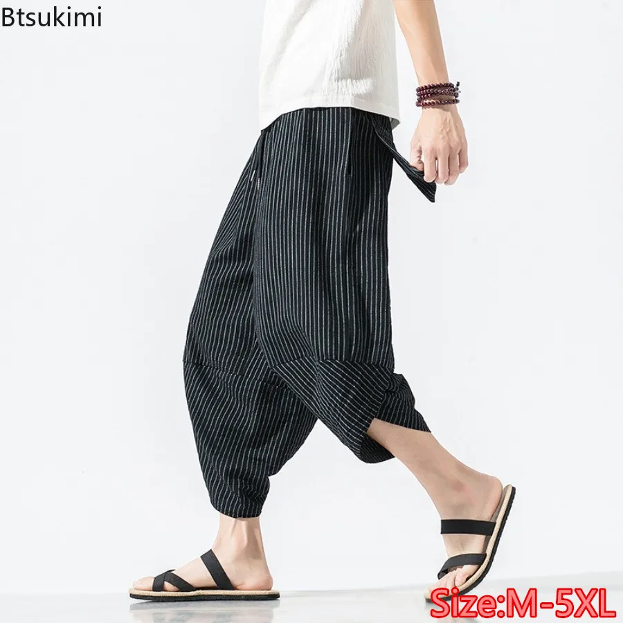 

New Men's Summer Cotton Harem Pants Loose Casual Hip Hop Cross Pants Japanese Vintage Stripe Baggy Calf-Length Pants Men Joggers