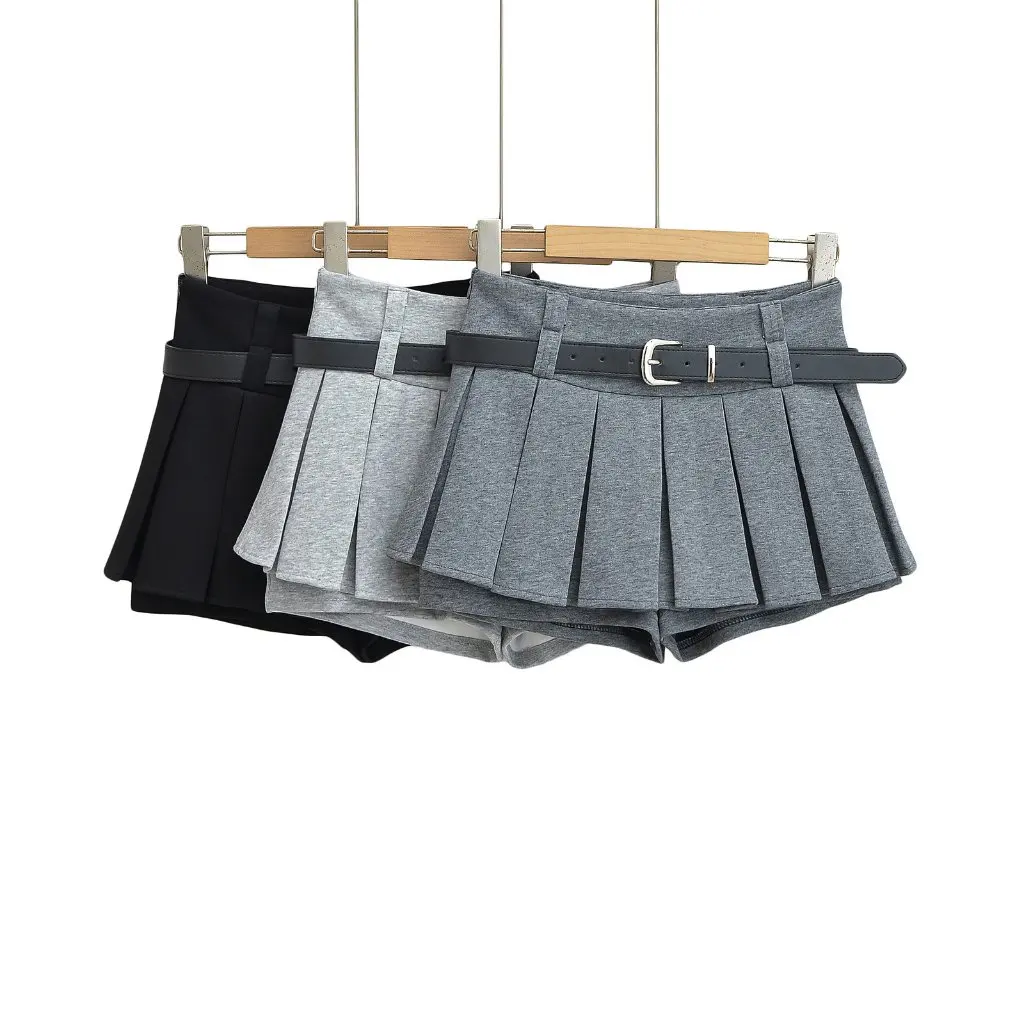 

Vintage High Waist Pleated Skirt for Women A-Line Slimming Anti-Running Style with Belt Autumn Winter American Spice Girl Look