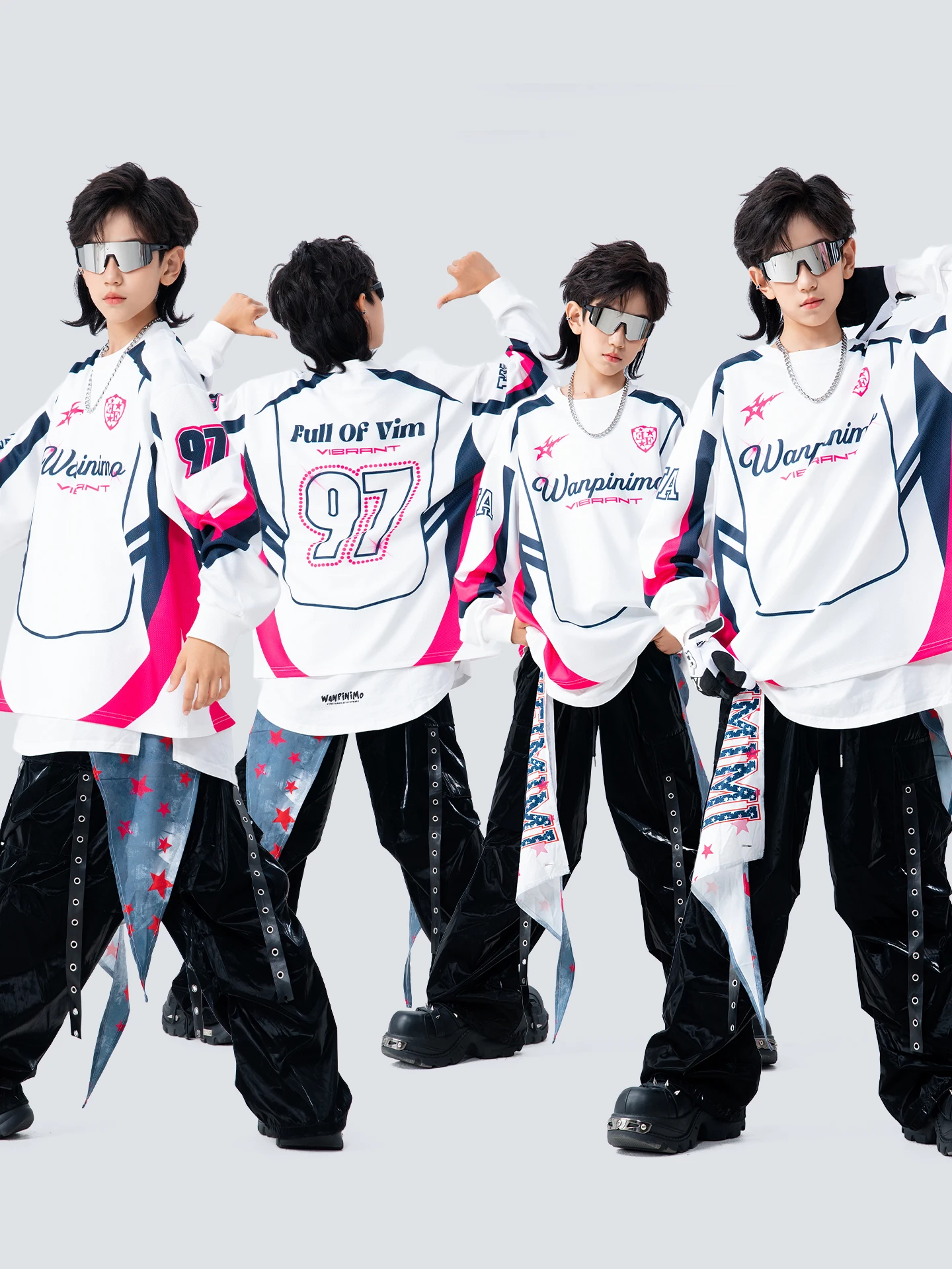 

2025 год, современные костюмы для джазовых танцев для мальчиков, свободные рубашки для девочек, яркие штаны, одежда для танцев в стиле хип-хоп, рейв, DQS20808