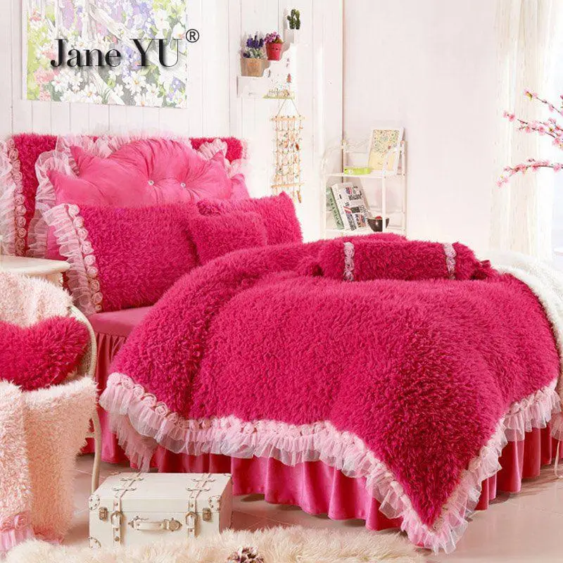 2022 Princess Lamb 4PCS Bedding Set Velvet Thickened Long Hair Cashmere Bedding 4pcs Set Bed Skirt Cover