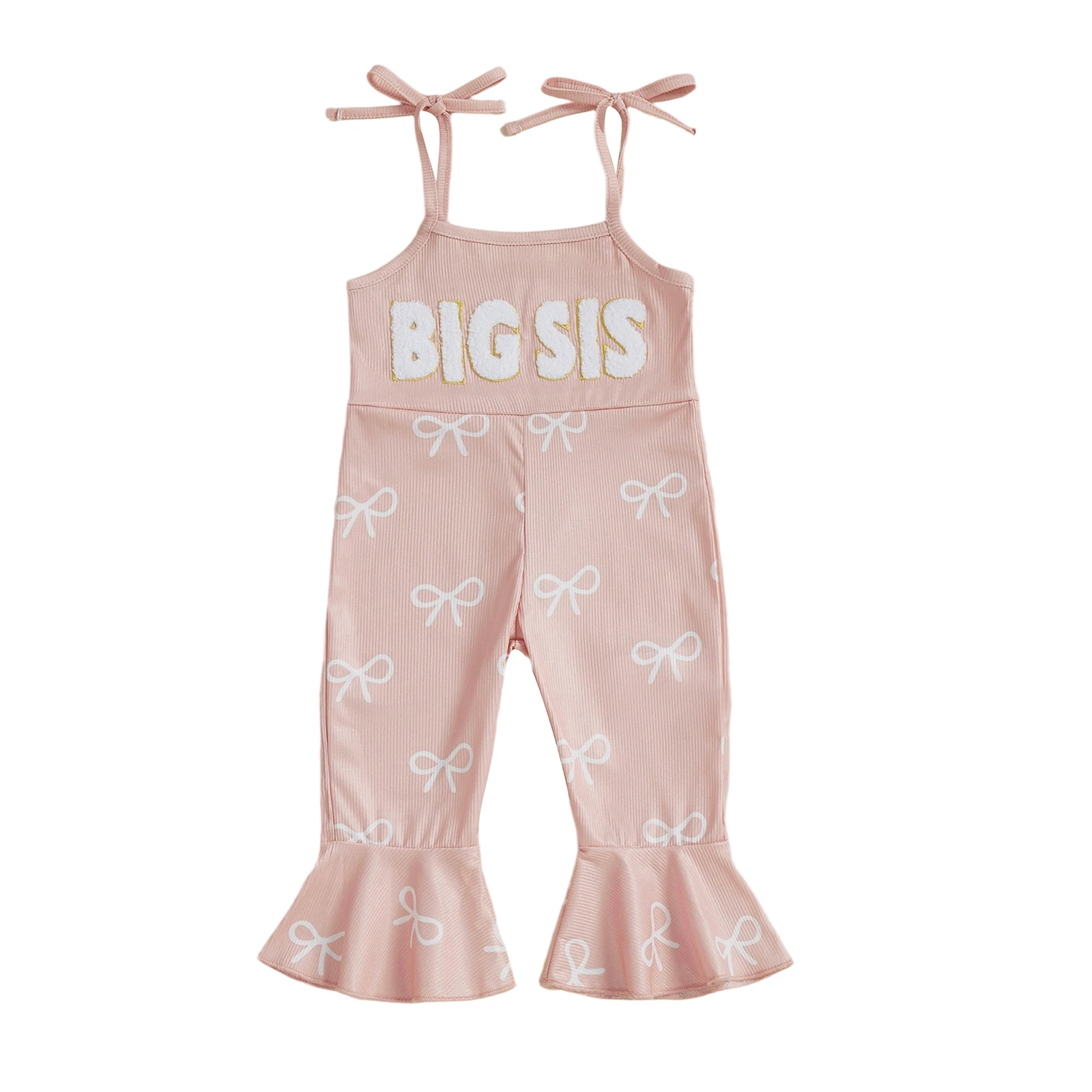 

Girls Sleeveless Jumpsuit with Adjustable Straps Cute Bow Print and Embroidered Letters Romper for Parties and Casual Wear