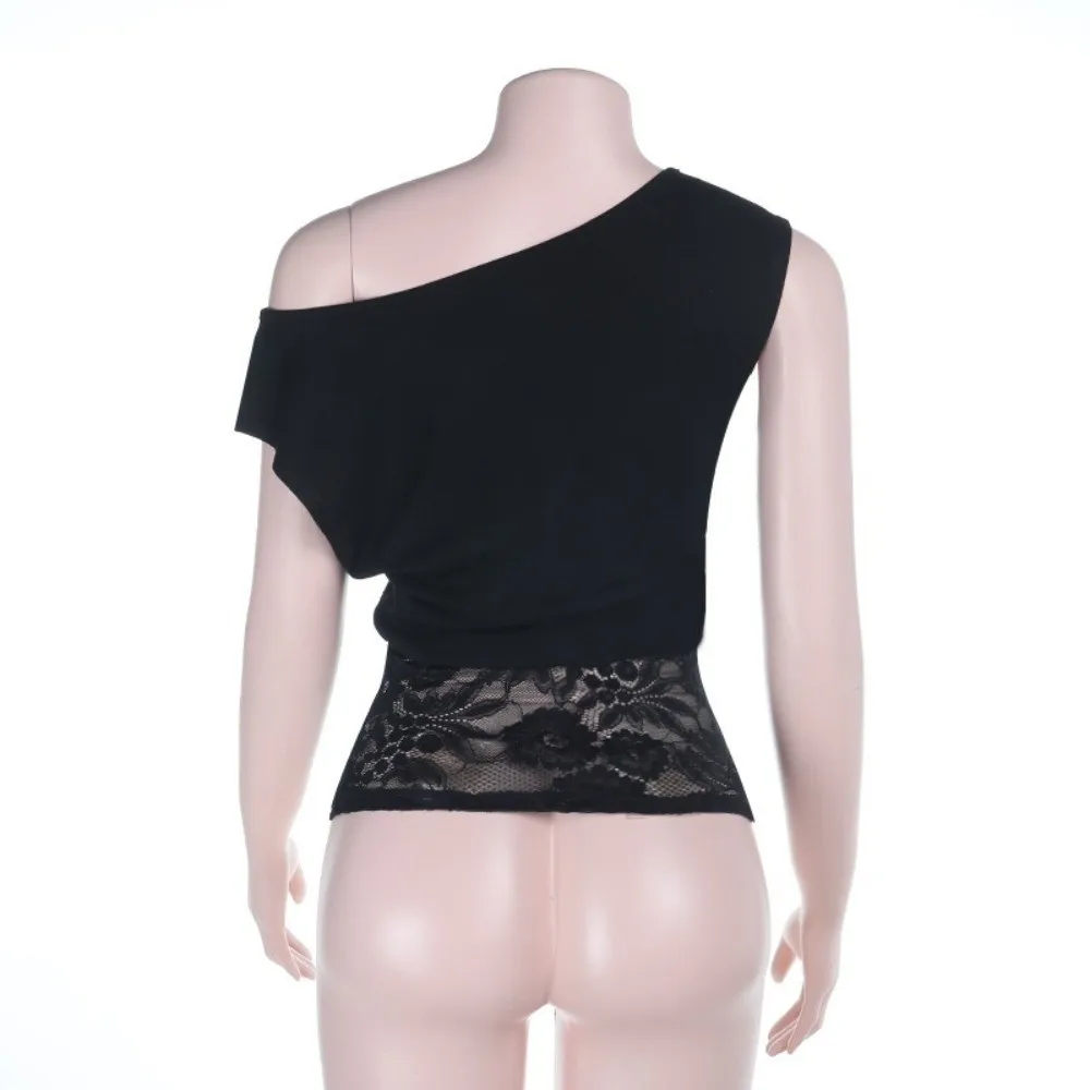 Off-Shoulder Lace Patchwork Top Waist-Defining See Through Fabric Lace Blouse Sleeveless Lace-Trimmed Lace Crop Top