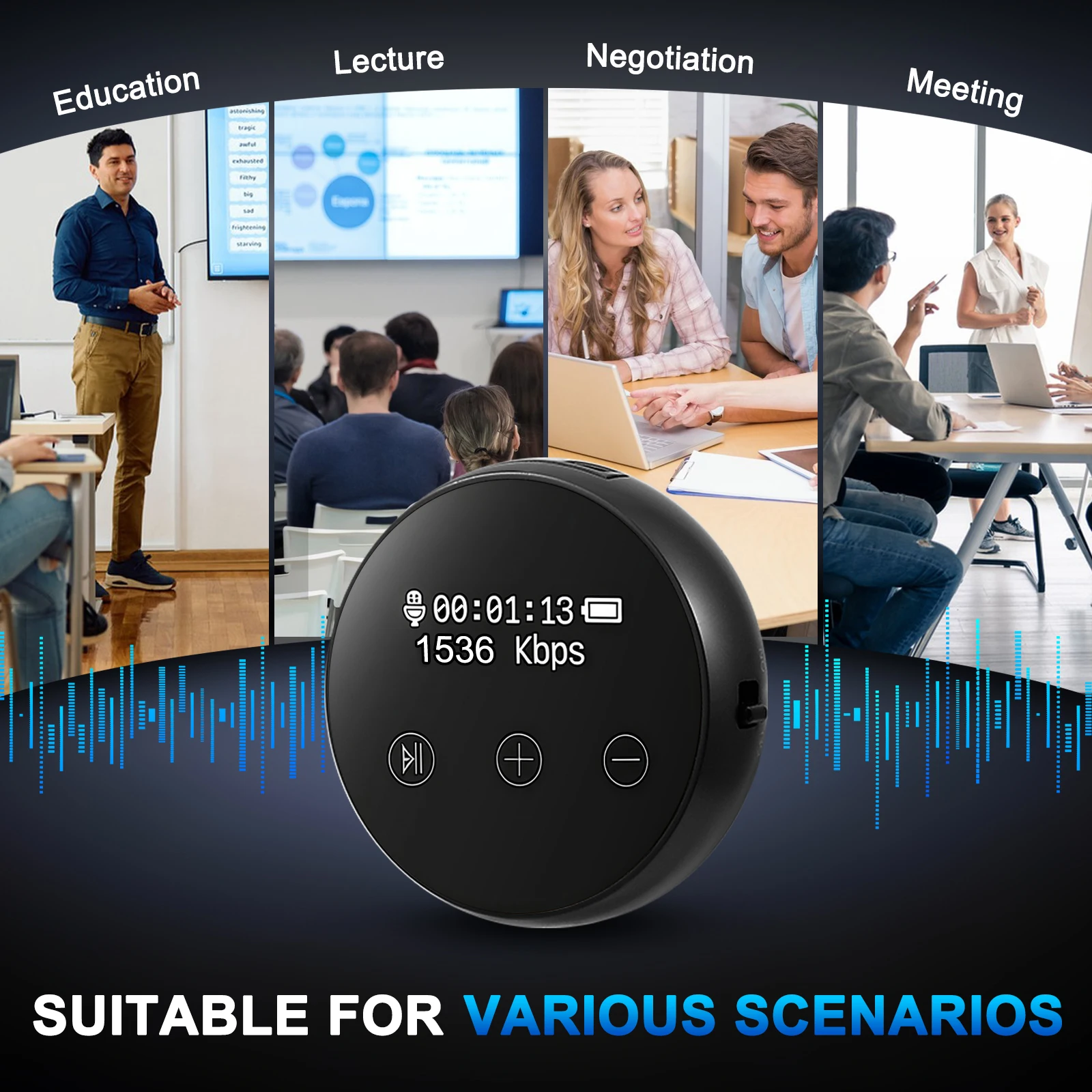 جهاز استماع مسجل الصوت الصغير 3072 Kbps مع مسجل صوتي ثلاثي للحد من الضوضاء 64G USB قابل لإعادة الشحن