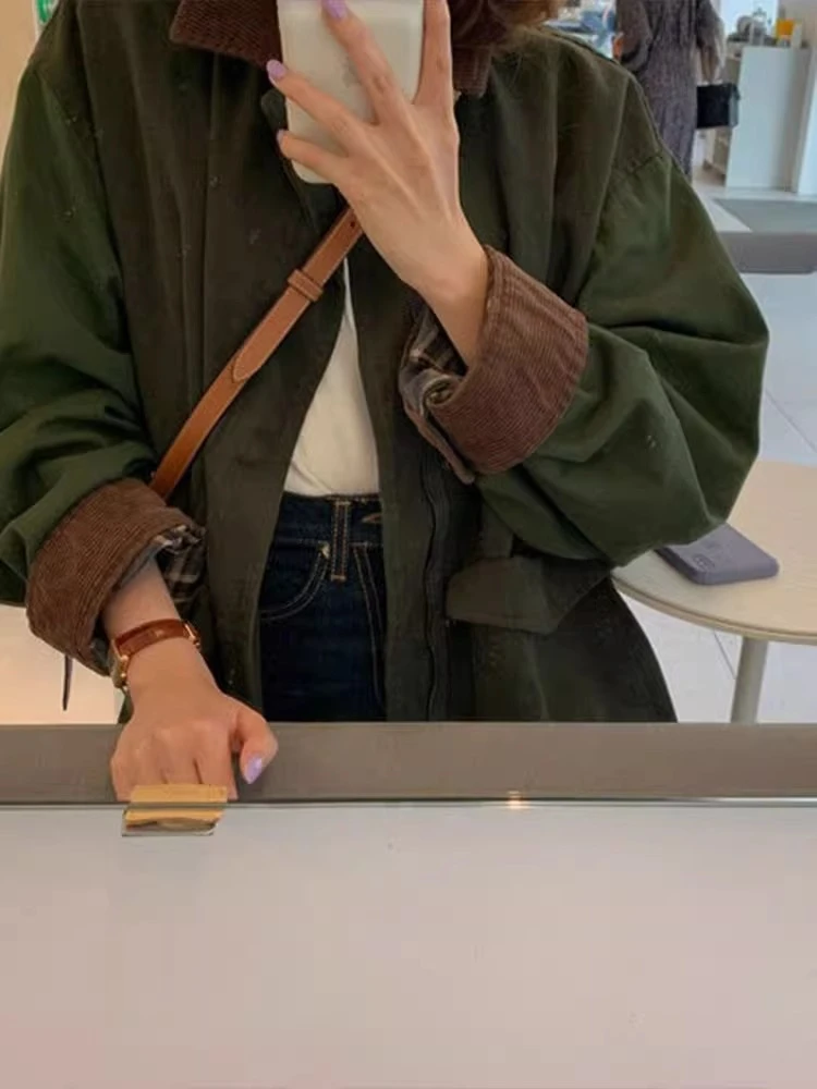 American Retro ein Collar Workwear Jaet Damen Herbst Winter Loose Top Mittellanger Mantel Lässige Faion Oberbekleidung