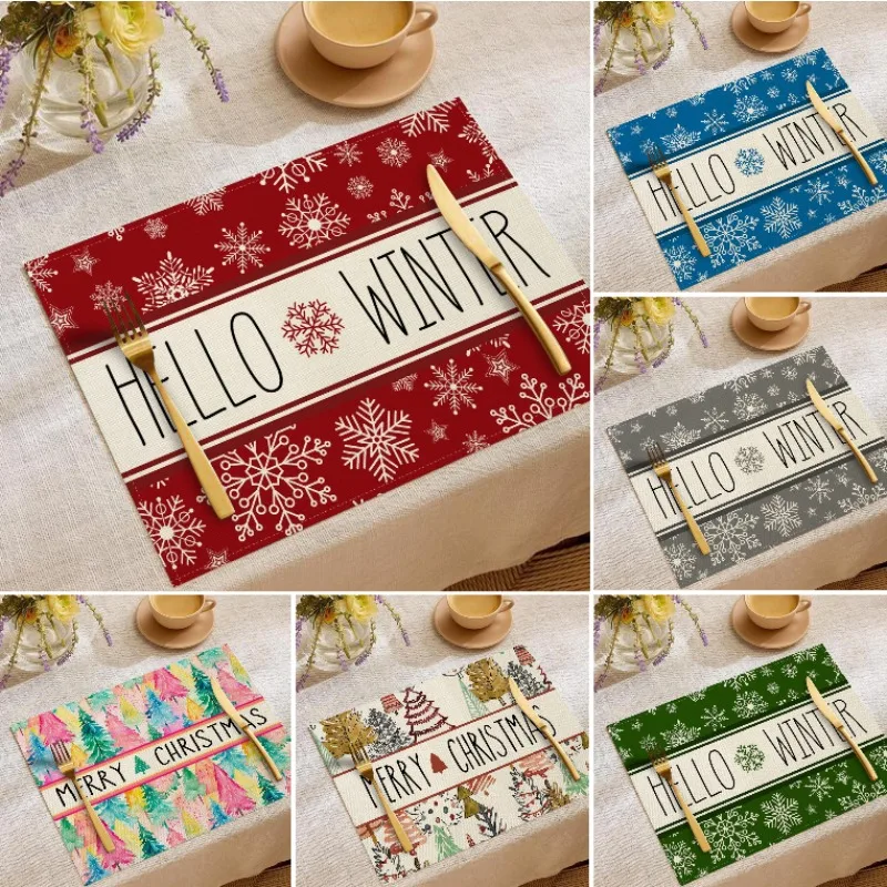 

Льняной коврик с принтом снежинок и деревьев, украшение для домашнего стола на Рождество, противоскользящий и теплоизоляционный защитный коврик для рабочего стола