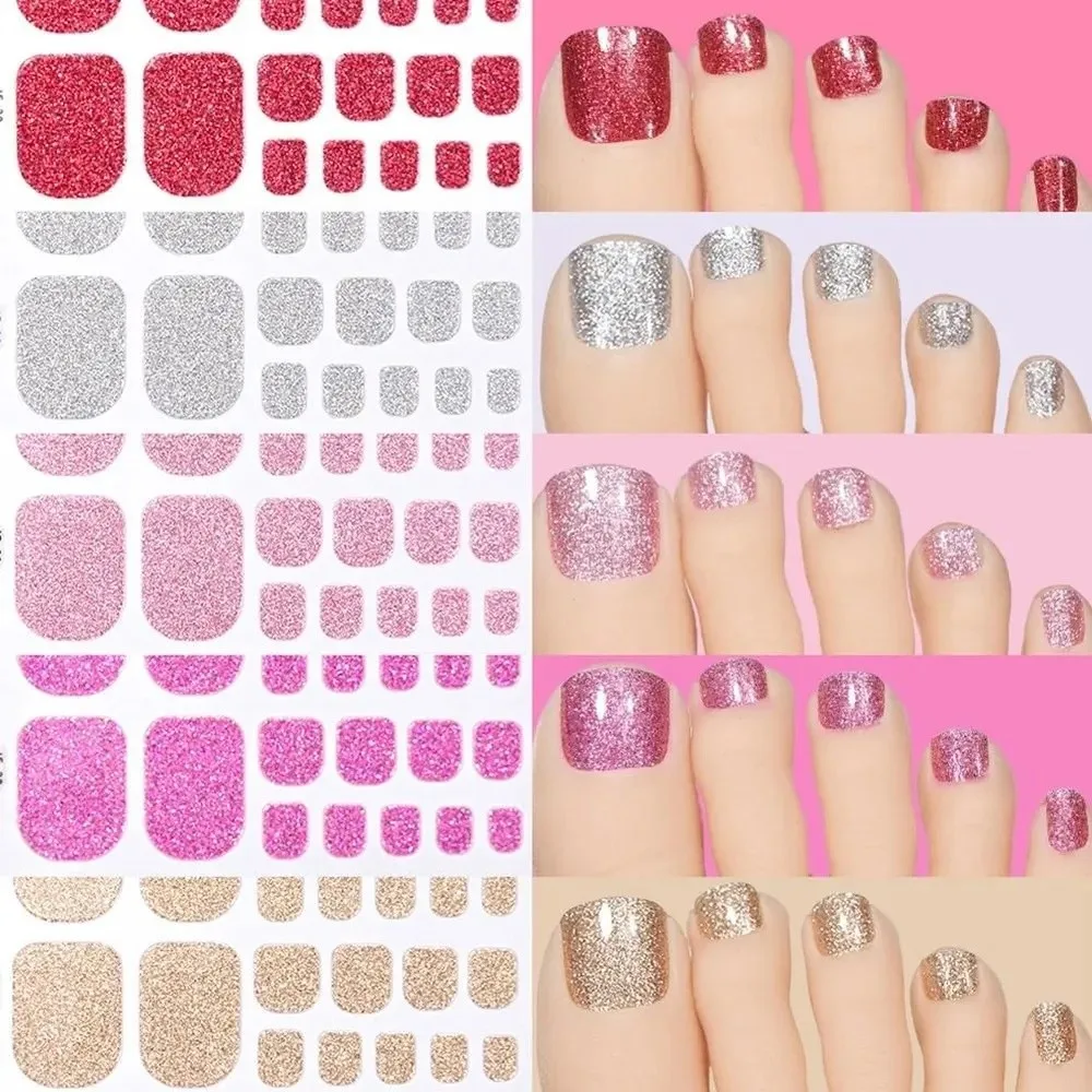22tips/Sheet Gradient Glitter Toe Nail Stickers Solid Color Shimmer Finish Self Adhesive Toenail Decals