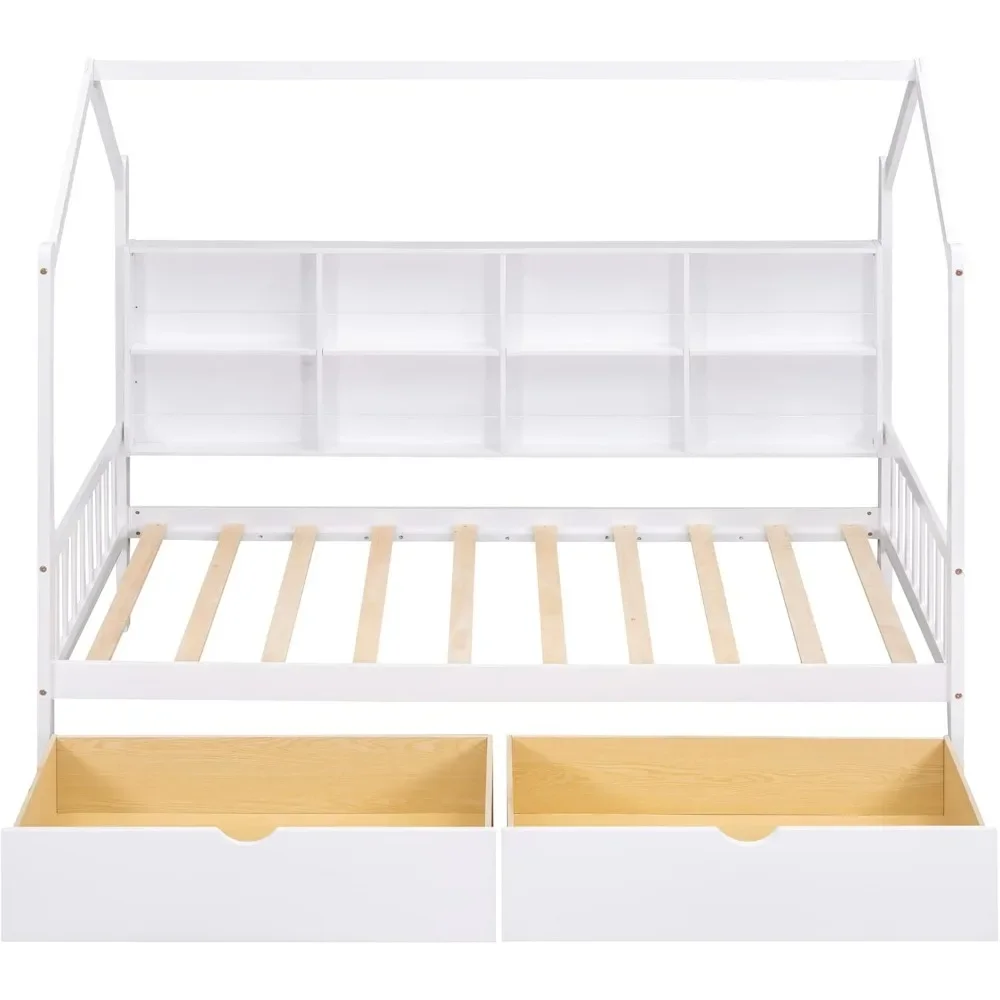 Cama doble para casa, estructura de cama infantil de madera con cajones y estructura para techo de casa, cama doble para niños con estante de almacenamiento y soporte de listones