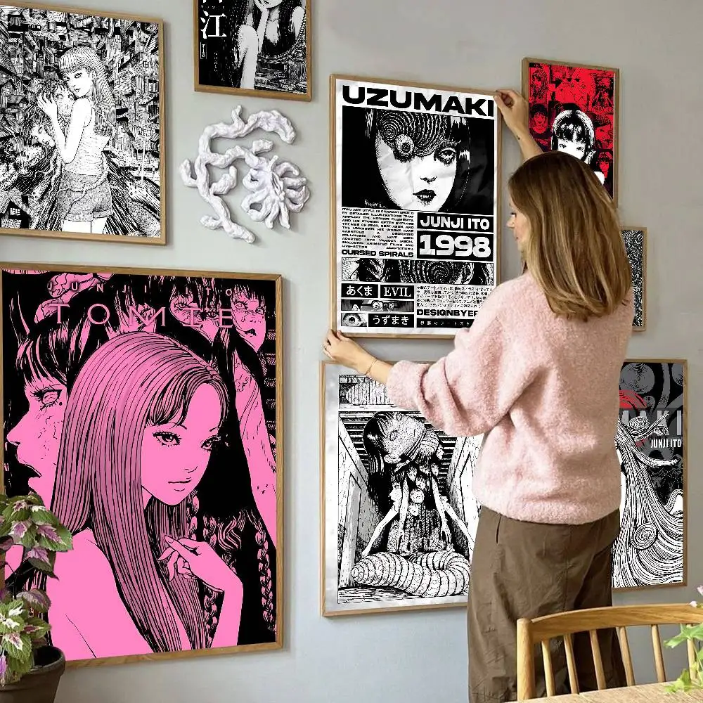 Junji Ito Tomie Retro Self-adhesive Art Poster Fancy Wall Sticker for Living Room Bar Decoration Vintage Decorative Painting