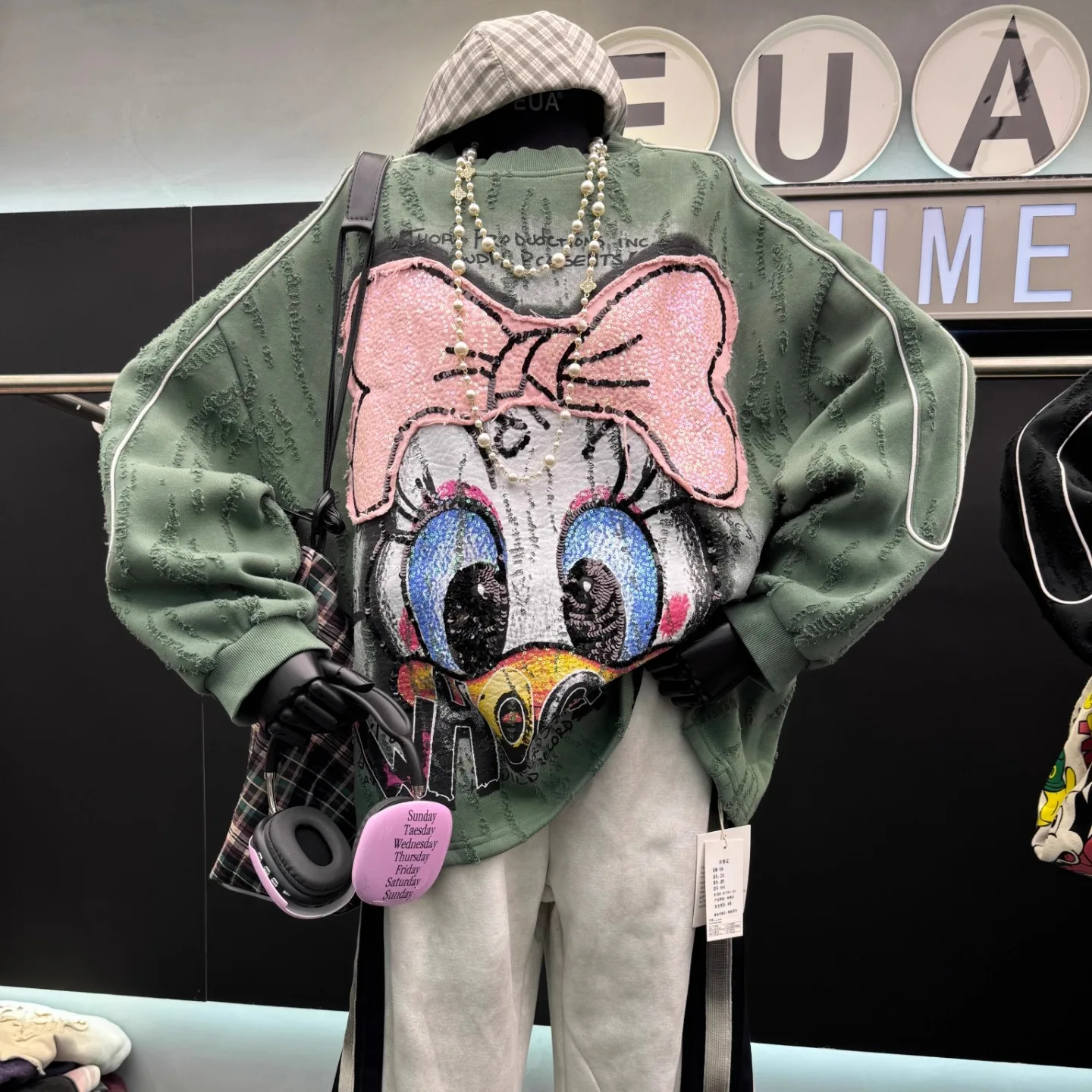 بلوفر مبطن بالصوف للنساء بلوفر برقبة دائرية 2025 شتاء جديد ثقيل مطرز بالترتر فضفاض مناسب متعدد الاستخدامات رداء علوي غير رسمي