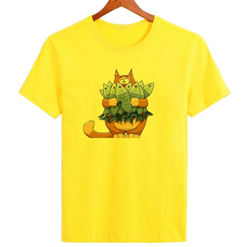 Fish loving big Fat Cat printing T-shirt Original brand Summer Cool Men Clothing Hot sale Fashion Tops Tees