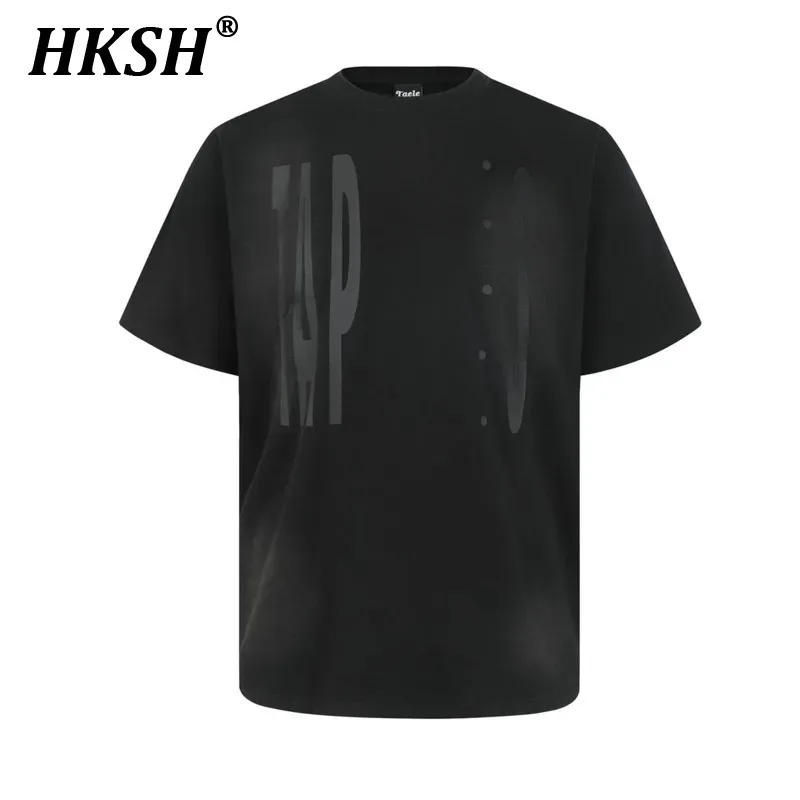 

HKSH Летние новые мужские элегантные модные модные стираные винтажные топы с принтом спрей-цвета, шикарная повседневная футболка с коротким рукавом HK6245
