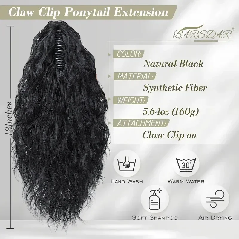 Long Water Wave Hair Ponytail for Women 18 Inch Curly Wavy Claw Hairpiece Ponytail Natural Synthetic Curly Horse Tail Extensions