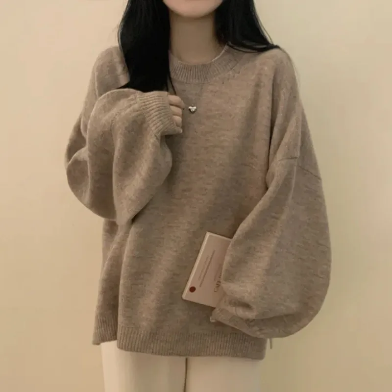 후드 스웨터, 가을/겨울 라운드 넥 스웨터, 루즈하고 여유로운 중간 길이 스타일, 슬릿 두꺼운 니트 스웨터