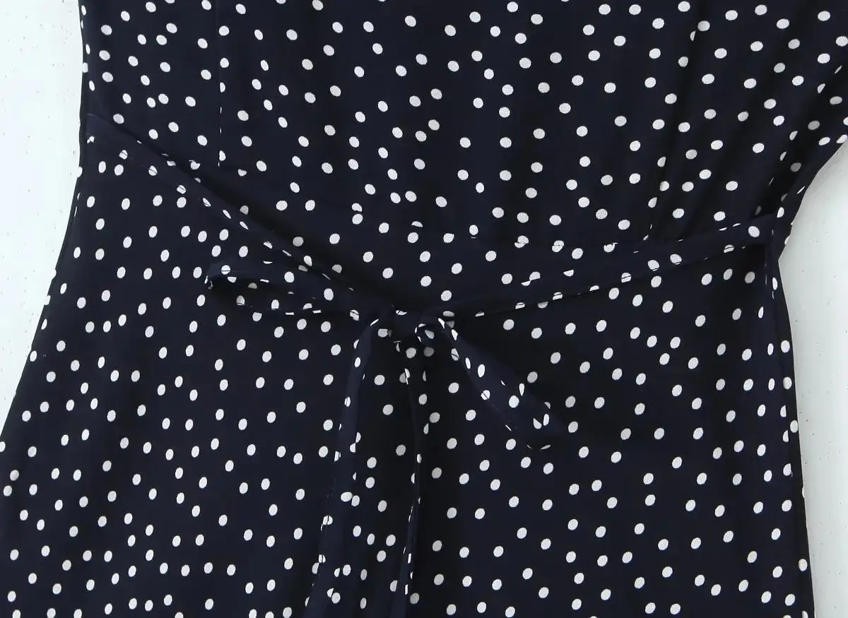 Women Lace V-neck Midi Dress Summer Short Sleeve Dark Blue Dot Dresses