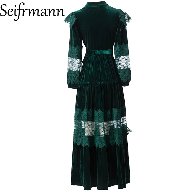 Seifrmann 2026 Wiosenna Nowa Kolekcja Damska Modna Sukienka z Kołnierzykiem Stójką, Długim Rękawem, Aksamitu, Koronkowymi Ramiączkami i Podkreśloną Talią