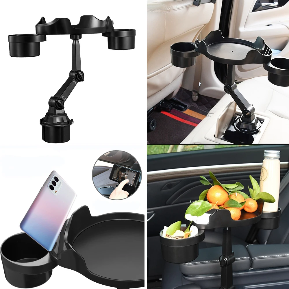 Car Cup Holder Food Tray with 360° Rotating Swivel Arm and Adjustable Extendable Base, 2 Drinks Mounts & Phone Stand