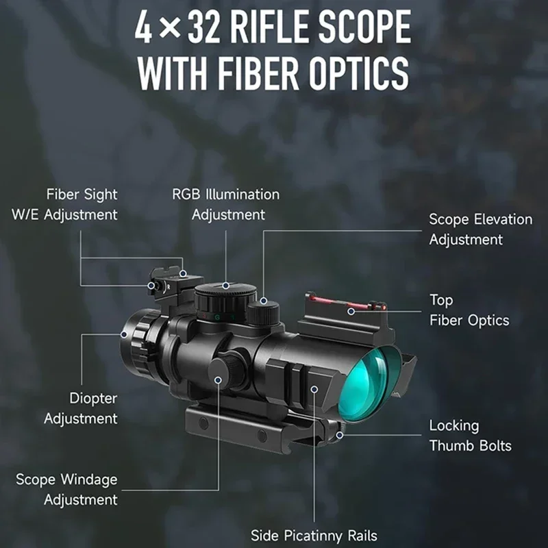 4x32 ACOG RGB Tactical Riflescope with Fiber Optic Sight Illuminated Reticle Prism Scope Hunting Scope with 20 mm Picatinny Rail