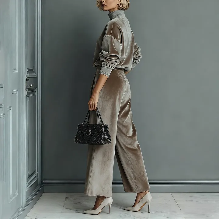 KIDCRKJ Autumn Winter High Collar Gold Velvet Long Sleeve Women's Suit Casual Sports Wide Leg Trousers Female Office 2 Piece Set