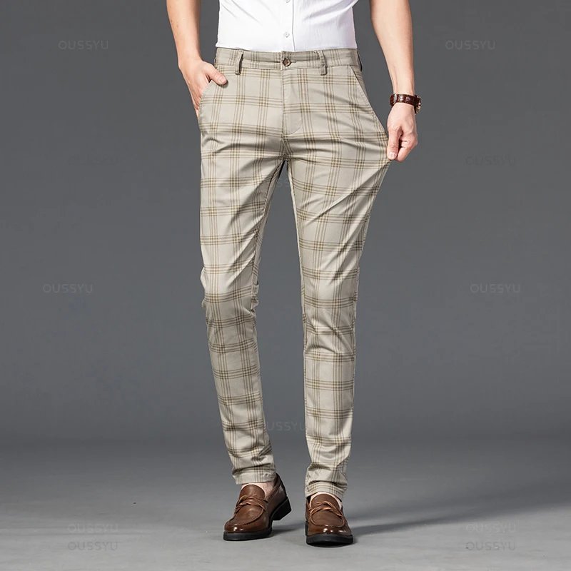 Brand Men\'s Stripe Plaid Casual Pants Men Four Seasons High Quality Business Trousers Men\'s Slim Dark gray Straight Pant