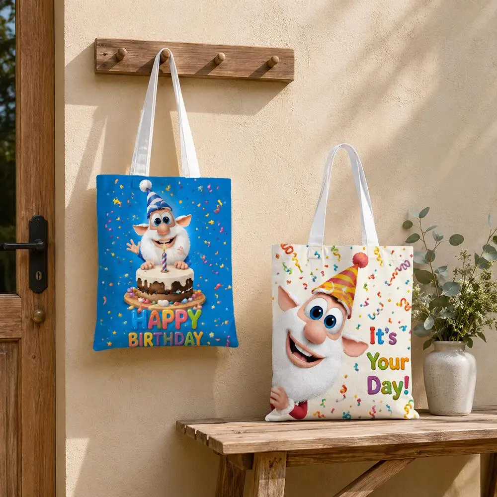 Cute White Creature Birthday Storage Bags Tote Bag Reusable Shoulder Shopping Foldable For School Work Travel Daily Use