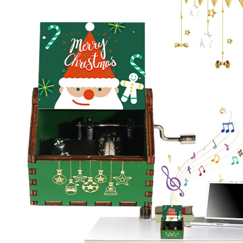 Wooden Hand Crank Music Box Merry Christmas Music Theme Vintage Music Box Halloween Christmas Birthday Gift