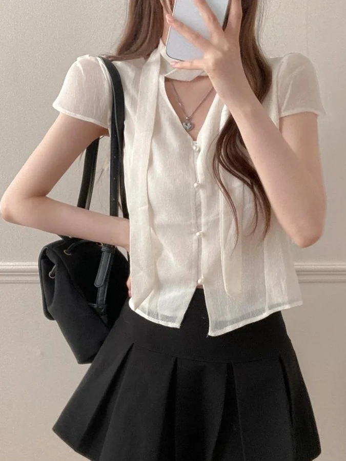 

Chic Sweet Women's irt V-ne Sa Knot Pearl Single Button ort Sve Summer Top Commute Pure Color ort Length