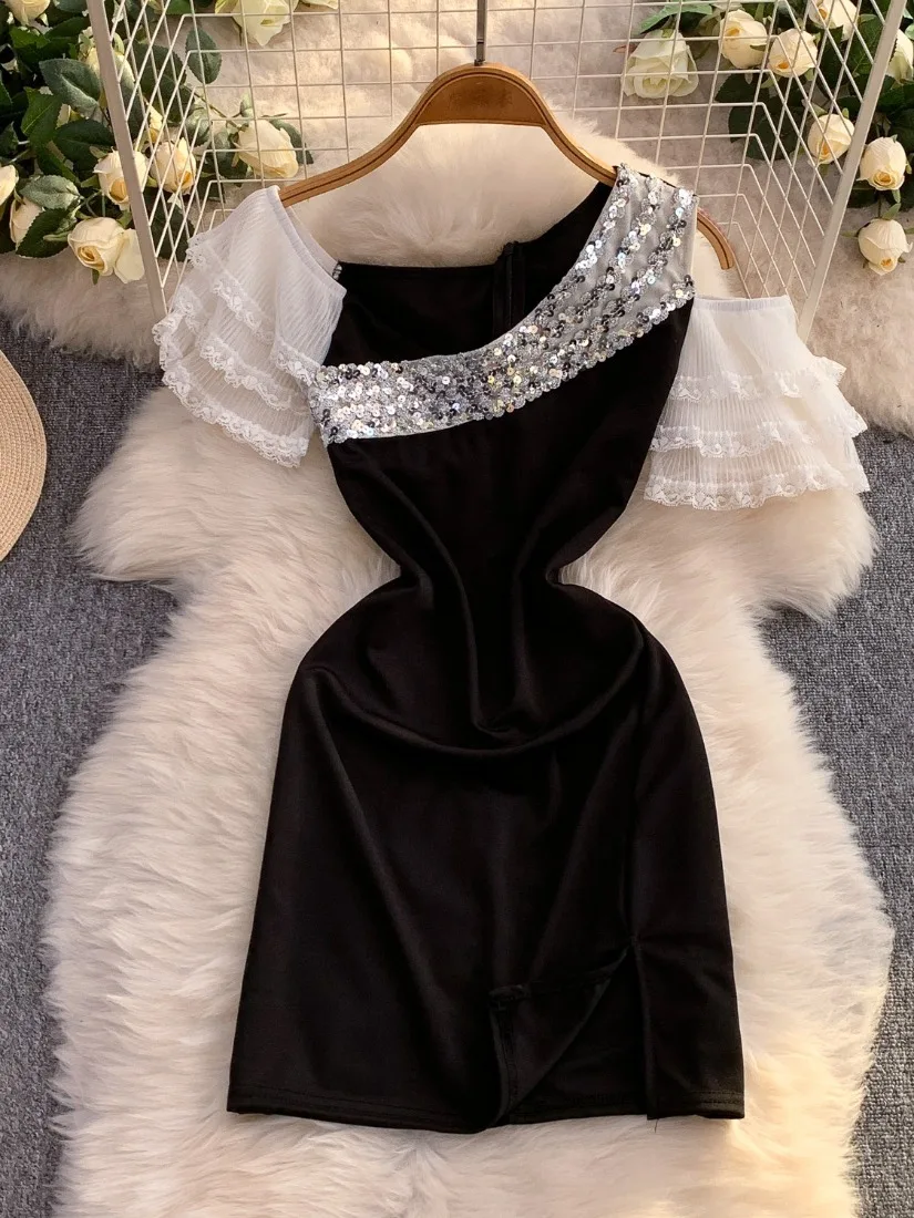 Foamlina vestido de verão feminino sexy lantejoulas retalhos fora do ombro em camadas malha rendas babados manga curta magro mini vestido de festa