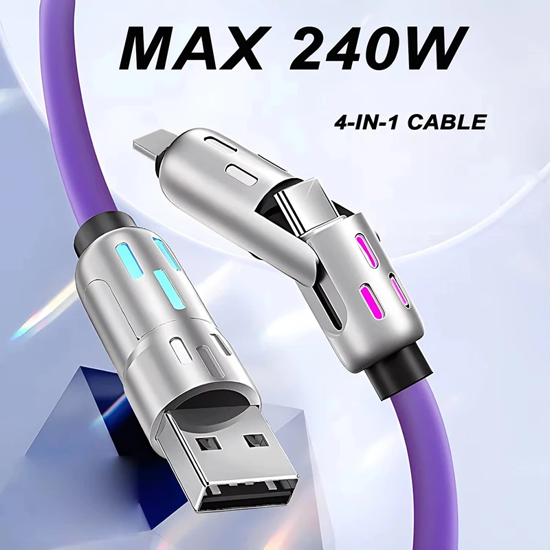 New 4 in 1 Multi Connectors Charger Rotating Elbow USB to Type-C Mobile Phone 240W Fast Charging Silicone Cable Data Transfer