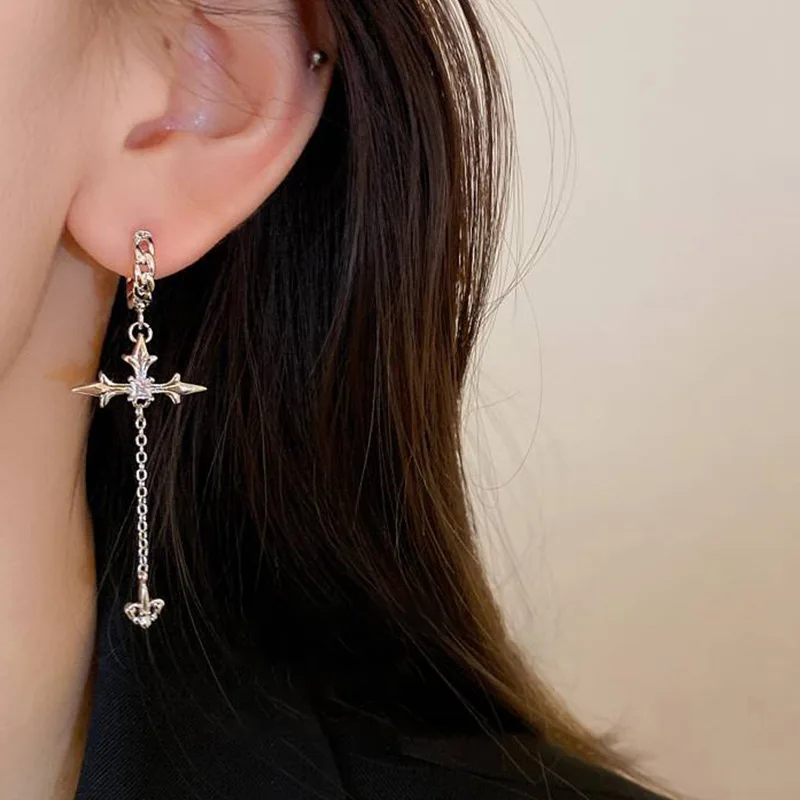 Cool Rhinestone Zircon Cross Earrings for Women Korean Fashion Long Tassel Earring Girls Daily Birthday Party Y2k Jewelry Gifts