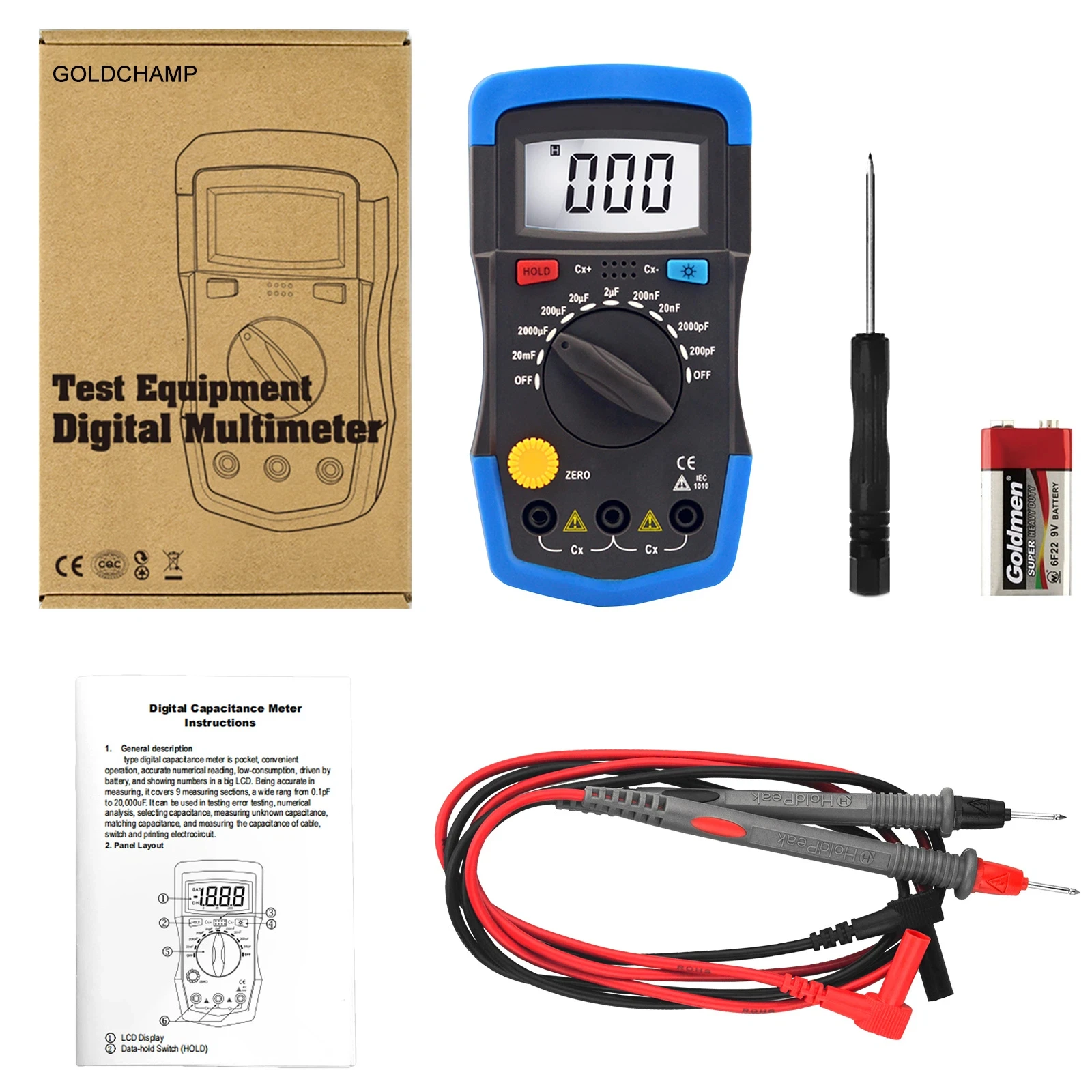 

Handheld capacitance testing multimeter ±0.5% accuracy, 1999 counts, accurately reads 0.1pF~20000µF