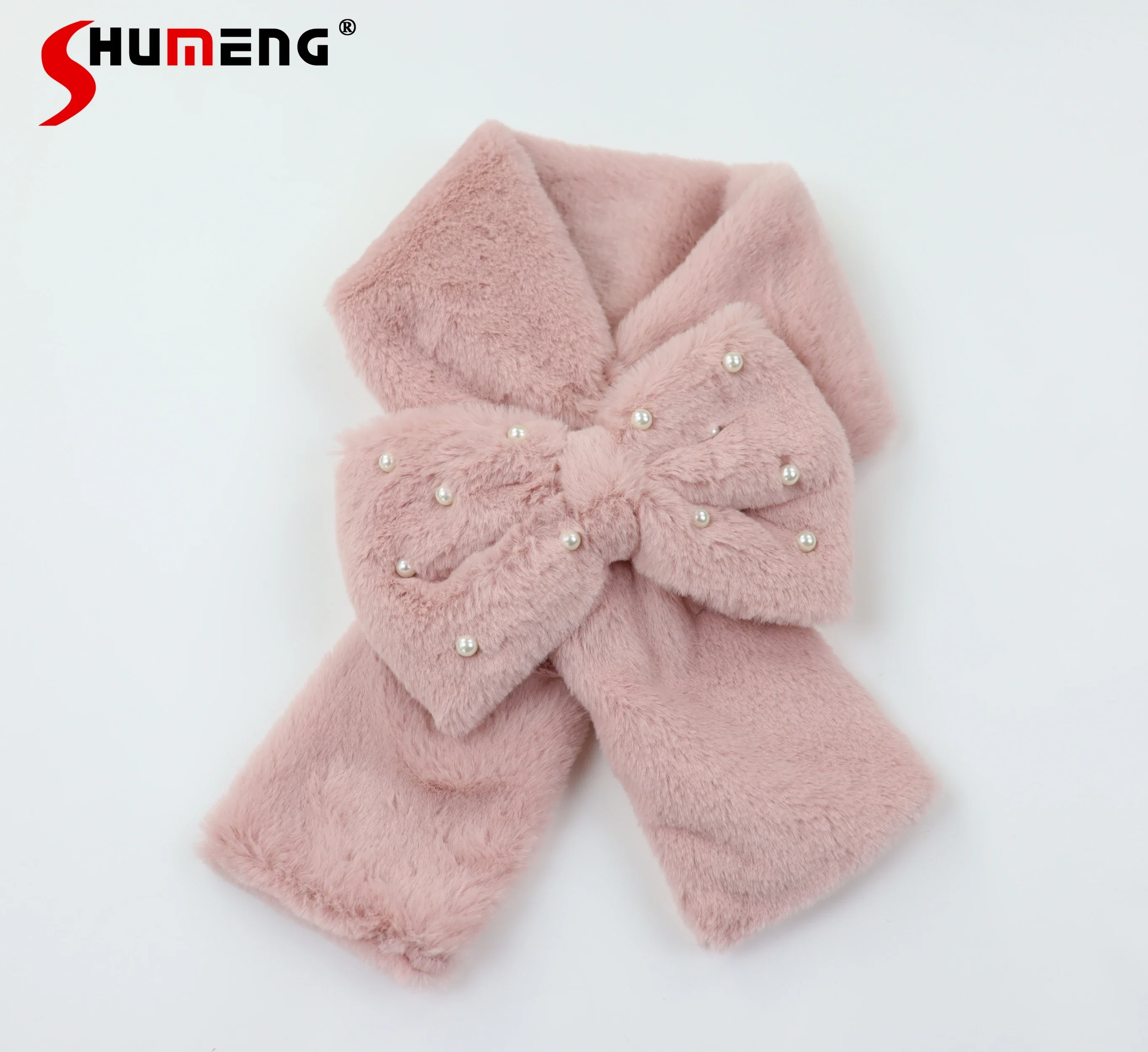 Cute Woman Pearls Bow Scarf Winter Neck Warmer Girl Korean and Japanese Style Plush Faux Rabbit Fur Warm Long Scarfs for Women