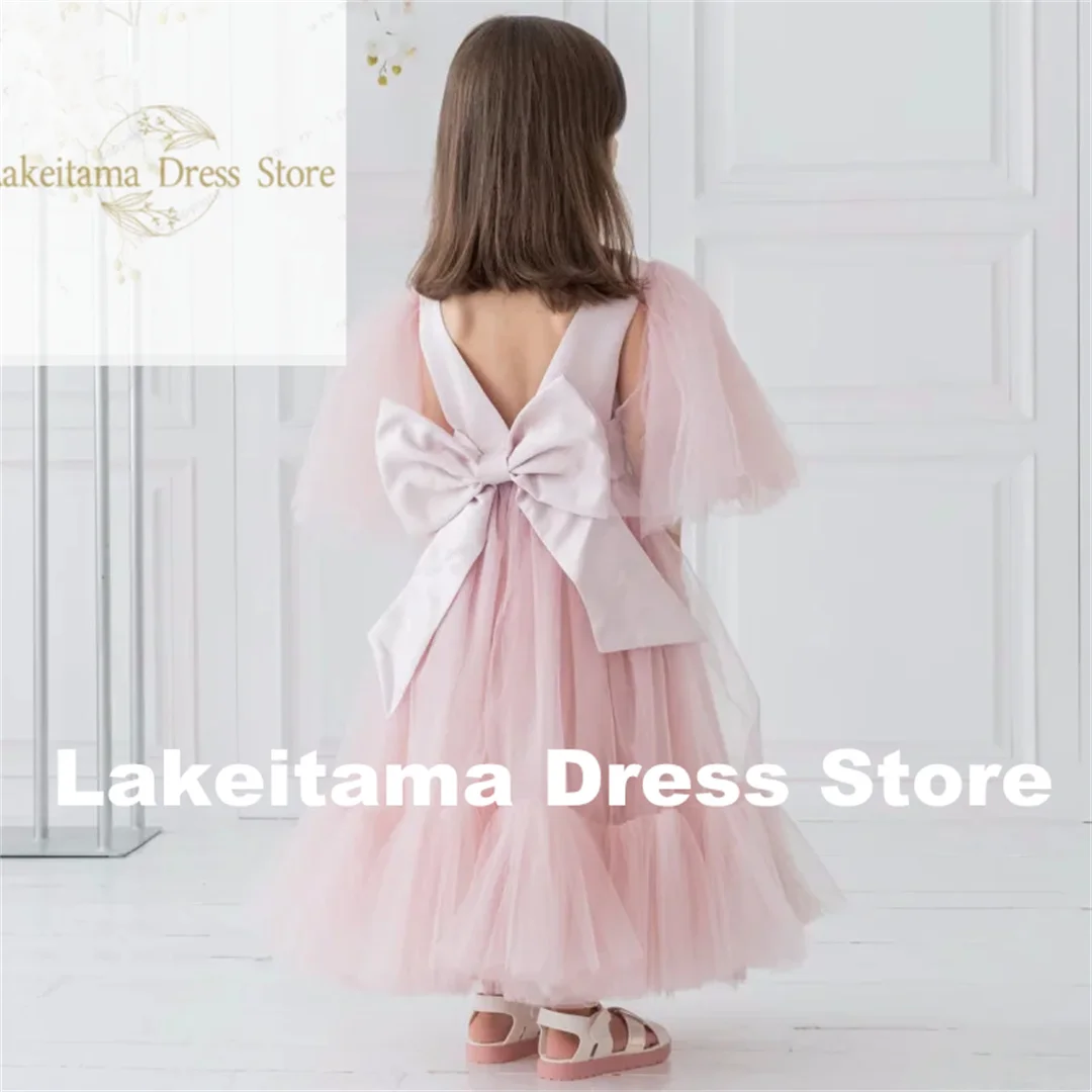 Customization Flower Girl Dresses Pink Tulle Puffy With Bow Short Sleeve For Wedding Birthday Party Banquet Princess Gowns