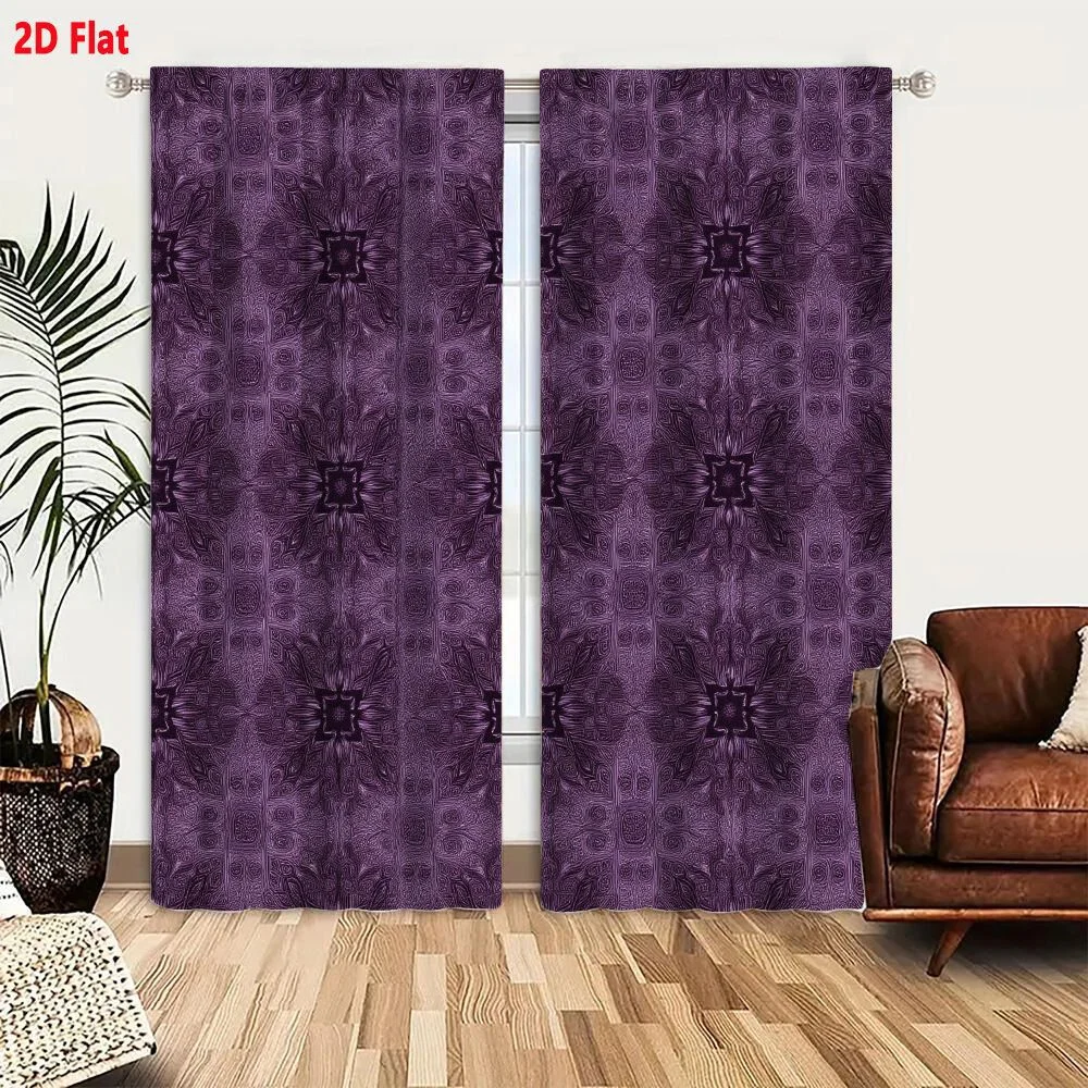 2Pcs Curtains 2D Flat Purple Symmetrical Floral Mandala Pattern With Intricate Radiating Motifs And Ornate Textured Design Windo