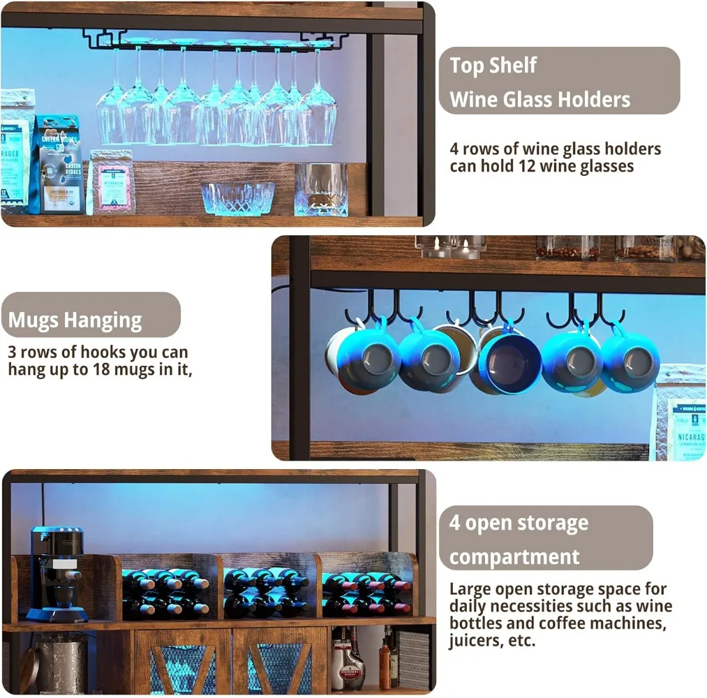 IlearCK-armoire à café-bar avec prise de courant, armoire de planche industrielle avec bande LED et support en verre, armoire française ou à 3 niveaux