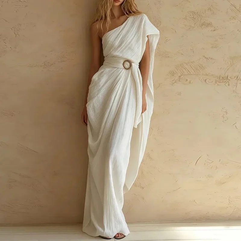Women Crinkle Texture Solid One Shoulder Maxi Dress Draped Wrap Belted Waist With Ring Buckle Flowy Robe Summer Holiday Sundress