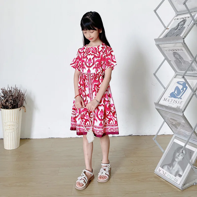 New children's summer dress girls blue and white underglaze red short-sleeved baby skirt Europe and America