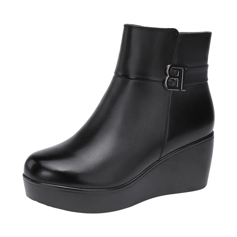 High quality short ankle wedge leather boots for women 6cm mid heel platform 32 33 34 autumn winter fashion elegant shoe black