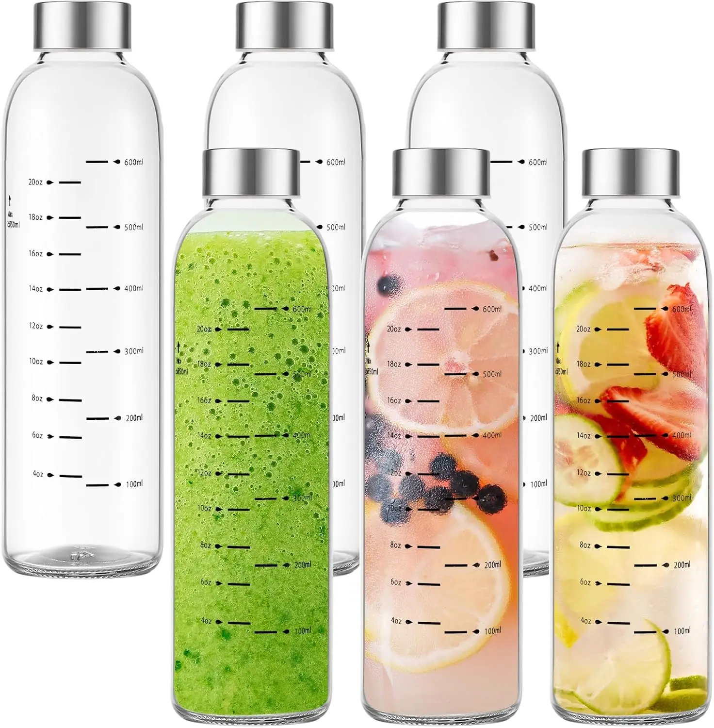 

25 oz Clear Glass Water Bottles with Stainless Steel Lids, Leak Proof, BPA Free, Set of 6